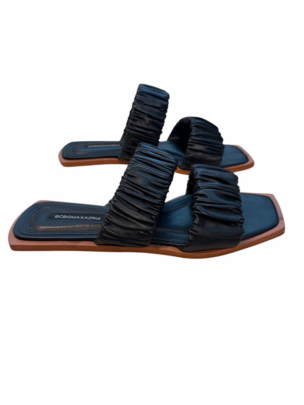 BCBGMaxAzria Black Ruched Double Strap Slide Flat Sandal Women Sz 6.5 Casual